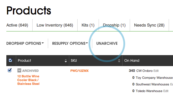 SKU Unarchiving